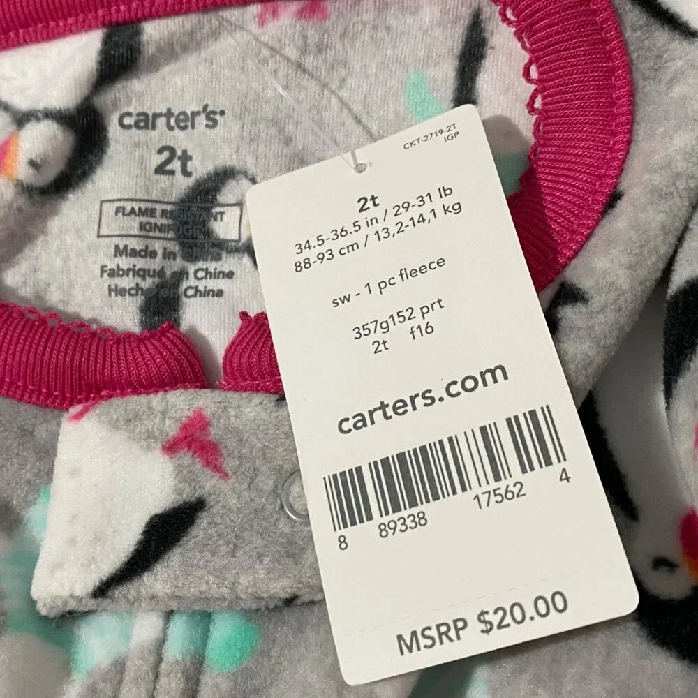 Carter's Fleece Footie Pajamas Girls 2T Gray‎ Novelty Penguin Seal Warm Fuzzy